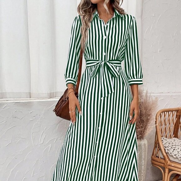 Green Boho Womens Striped Belted Shirt Dress - Picture 4 of 5